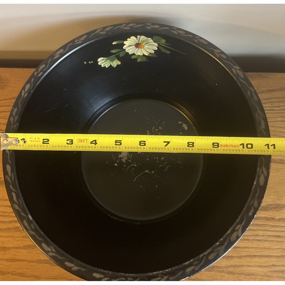 Vintage Nashco Hand Painted Tin Bowl 11 in. Black Floral READ - Picture 8 of 9